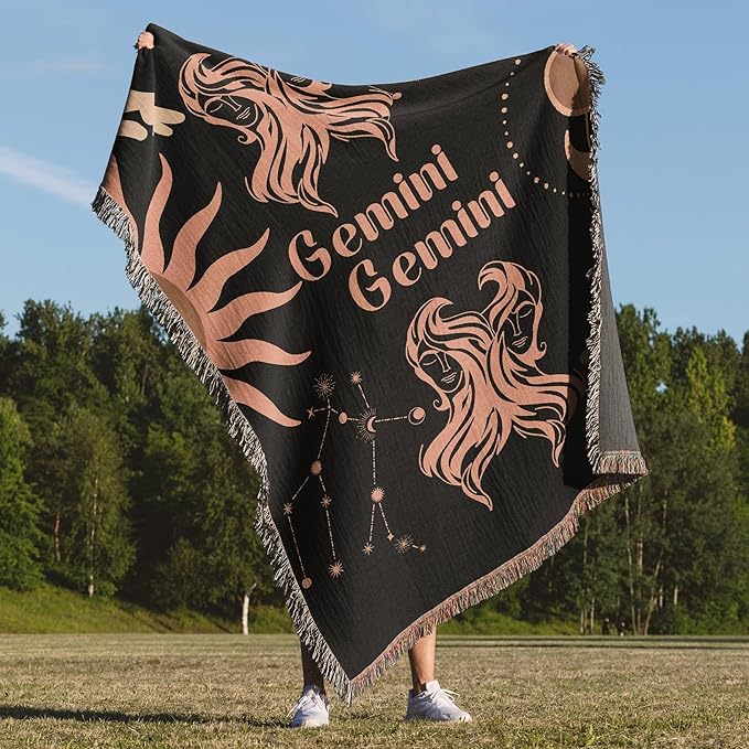 Throw Blanket, 100% Cotton Woven, Zodiac Compatibility Sign, Astrology Decor Woven Tapestry, Gemini & Gemini Horoscope Match 2-Inch Fringe Detail, Vintage Aesthetic Multiple Sizes 60 x 80 - Gemini Blanket for men