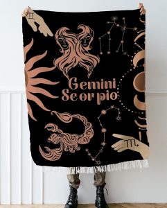 Throw Blanket, 100% Cotton Woven, Zodiac Compatibility Sign, Astrology Decor Woven Tapestry, Gemini & Scorpio Horoscope Match 2-Inch Fringe Detail, Vintage Aesthetic Multiple Sizes 52 x 37 - Gemini Blanket for men
