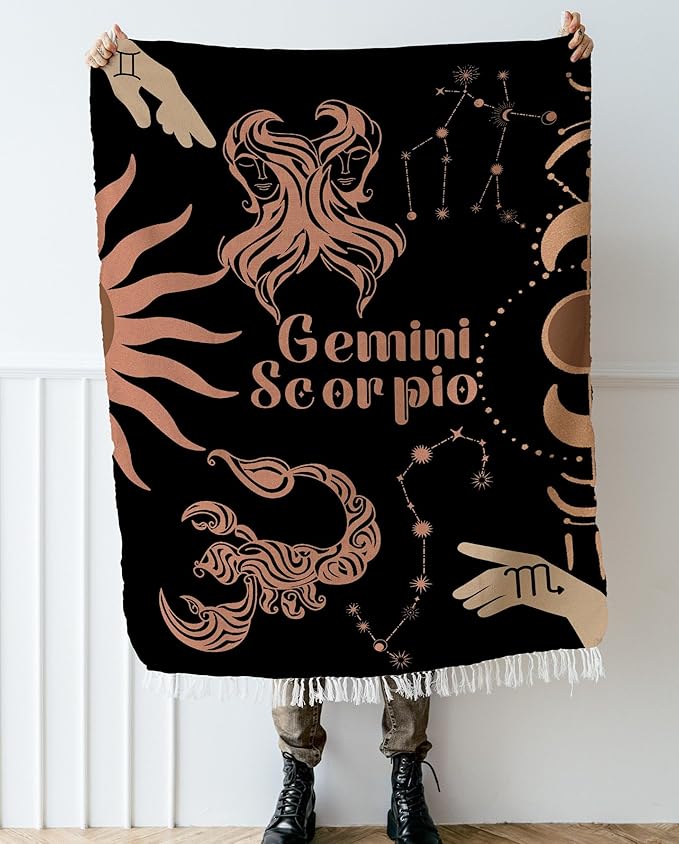 Throw Blanket, 100% Cotton Woven, Zodiac Compatibility Sign, Astrology Decor Woven Tapestry, Gemini & Scorpio Horoscope Match 2-Inch Fringe Detail, Vintage Aesthetic Multiple Sizes 52 x 37 - Gemini Blanket for men
