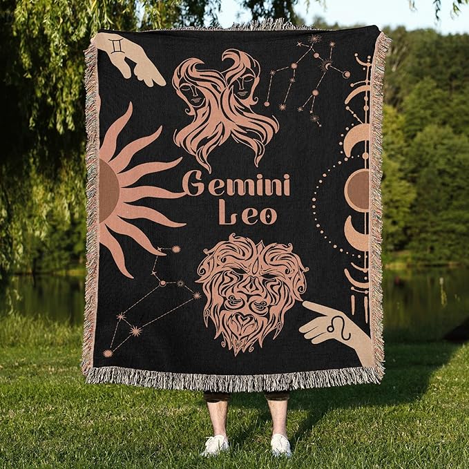 Throw Blanket, 100% Cotton Woven, Zodiac Compatibility Sign, Astrology Decor Woven Tapestry, Gemini & Leo Horoscope Match 2-Inch Fringe Detail, Vintage Aesthetic Multiple Sizes 50 x 60 - Gemini Blanket for men