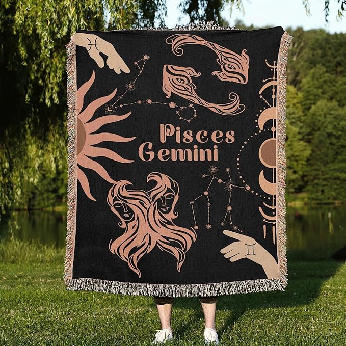 Throw Blanket, 100% Cotton Woven, Zodiac Compatibility Sign, Astrology Decor Woven Tapestry, Pisces & Gemini Horoscope Match 2-Inch Fringe Detail, Vintage Aesthetic Multiple Sizes 50 x 60 - Aries Blanket for men