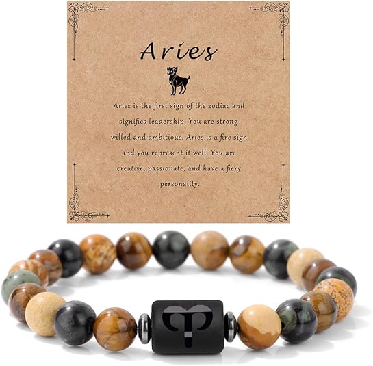 Zodiac Bracelet Gemstone beads bracelet for women Constellation Horoscope Chakra Relief Stress Stretch Bracelet Jewelry Gift - Aries for men