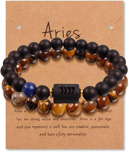 Zodiac Bracelets for Women Black Obsidian Bracelet Constellation Horoscope Crystals Tiger Eye Beads Bracelet Jewelry Gifts 2 Pcs - Aries Bracelet for men