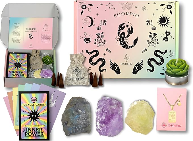 ESOTHERIC Scorpio Birthday Gifts for Women- Zodiac Gifts Box Set with Crystals, Oracle Card Deck, Zodiac and Constellation Necklace, Succulent Candle, Incense Cones, Horoscope and Crystal Guide - Scorpio Products for men