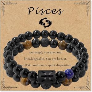 Zodiac Bracelet for Women Star Sign Natural Black Obsidian Bracelet Constellation Horoscope Crystals Bracelet Jewelry Gift 2 pieces 2 Pcs - Pisces for men