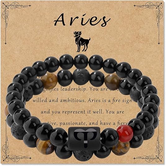Zodiac Bracelet for Women Star Sign Natural Black Obsidian Bracelet Constellation Horoscope Crystals Bracelet Jewelry Gift 2 pieces 2 Pcs - Aries for men