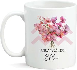 Flower Mug, Custom On Astrological Cup, Orchid And Aquarius Sign Mug, White Ceramic Cup, Birthday Mug Gift, Customized Orchid Flower Cup, Personalized Name And Date Zodiac Mug 11oz - Aquarius Mug for men