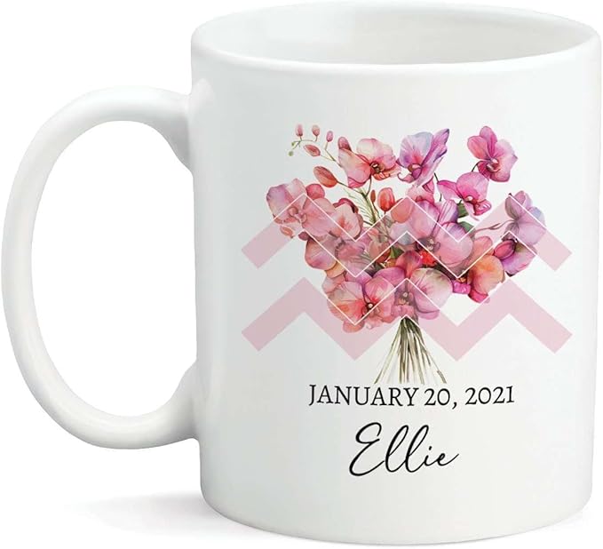 Flower Mug, Custom On Astrological Cup, Orchid And Aquarius Sign Mug, White Ceramic Cup, Birthday Mug Gift, Customized Orchid Flower Cup, Personalized Name And Date Zodiac Mug 11oz - Aquarius Mug for men