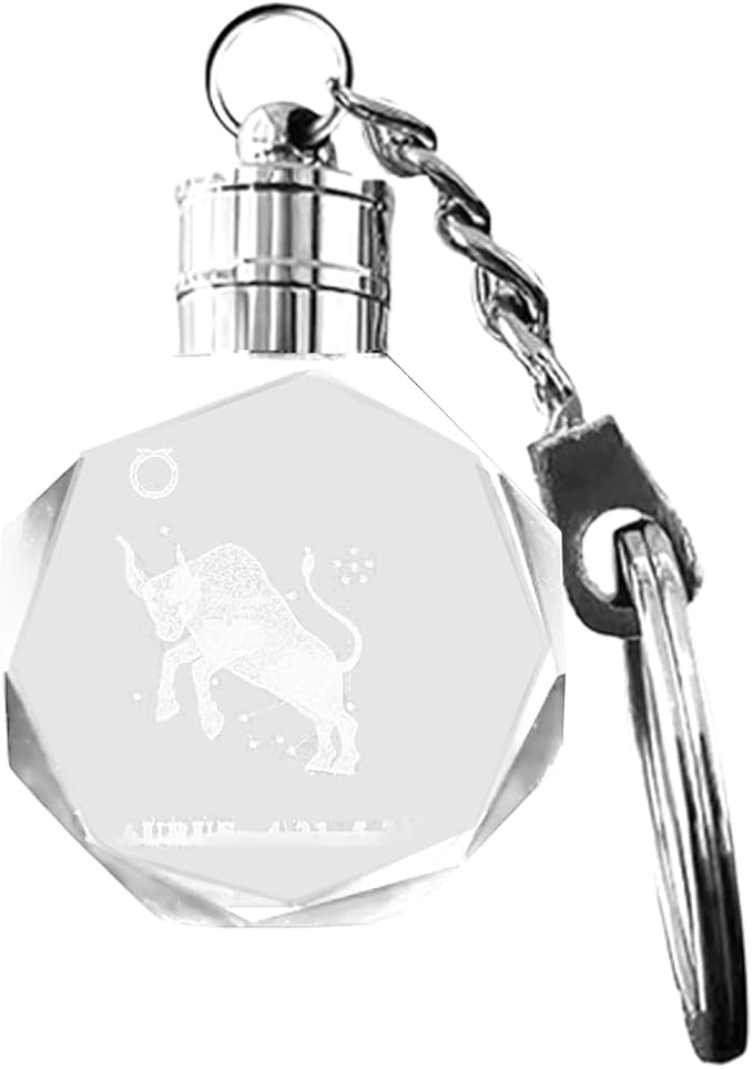 Artmosphere Taurus Zodiac Sign Crystal Round Keychain with Breathing Light LED Color Changing Ram Constellation Engraved Astrology Gift - Taurus for men