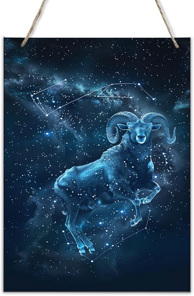 Craft Wooden Hang painting 12 zodiac signs Aries,Classic Home Room decor Accessory,blue 12 zodiac signs Aries decorative Poster Signs,Gifts for Aries Lovers,Bedroom,Bar,Living room 8x12 inch - Aries Poster for men