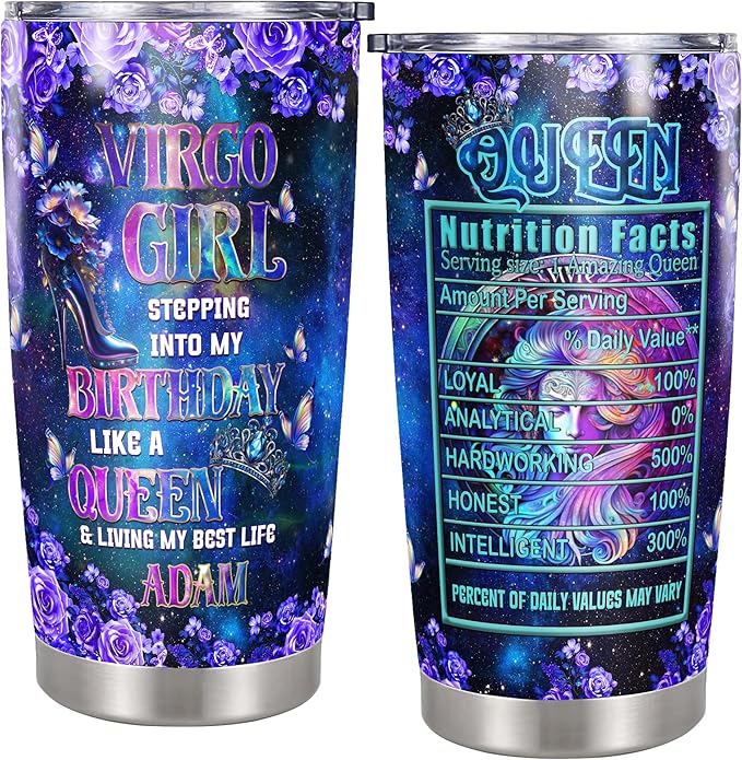 Personalized Queen Tumbler Custom Zodiac Insulated Cup Purple Galaxy Butterfly Flower Travel Mug with Lid Stainless Steel 20 30 Oz Astrological Sign Aries Gemini Cancer Leo Virgo Libra Taurus Scorpio - Aries Mug for men