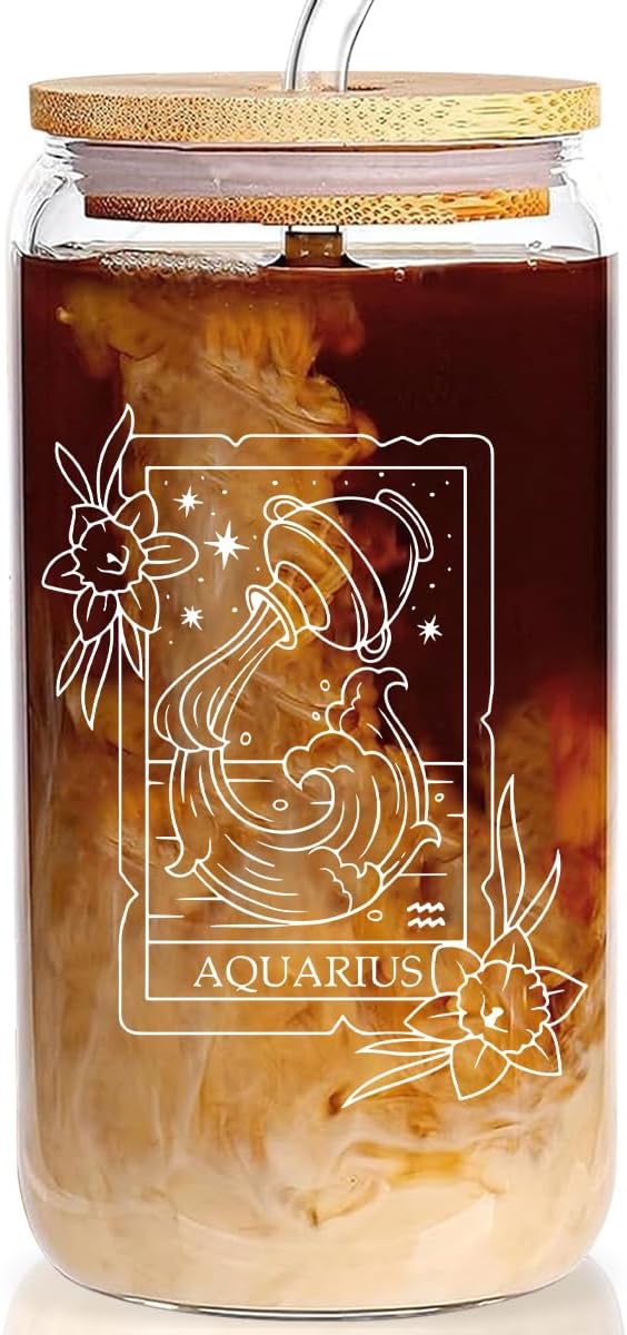 Aquarius Zodiac Gifts for Women, January February Birthday, 12 Astrology Lovers 16 Oz Can Glass Cup, Constellation Horoscope Gift, Aquarius Decorations - Aquarius Mug for men