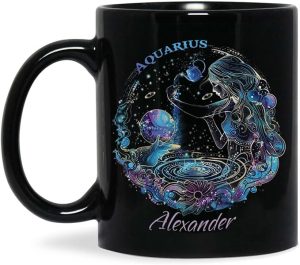 Personalized Aquarius Zodiac Sign Black Coffee Mug, Customizable Name On Cosmic Art Design Cup, Unique Astrological Mug 11oz 15oz, Customized Ceramic Cup For Astrology Enthusiasts - Aquarius Mug for men