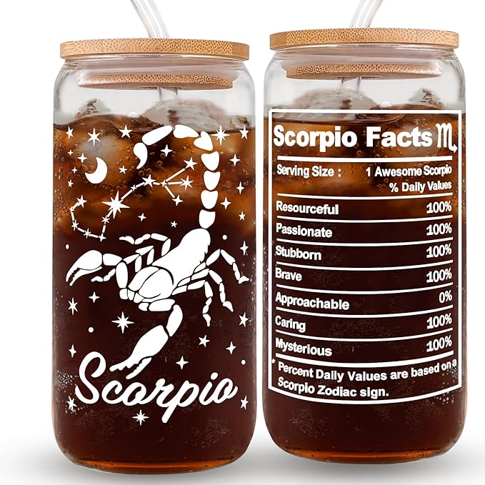 Scorpio Gifts - Scorpio Birthday Gifts for Women - Zodiac Coffee Cup For Coworkers - 16oz Astrology Star Sign Glass Cup with Lid - Constellation Tumbler for Mom Boss Lady - Aries Mug for men