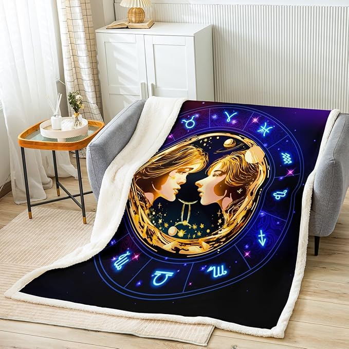 Manfei Gemini Throw Blanket 12 Constellation Bed Blanket for Kids Boys Girls Room Decor, Western Astrology Zodiac Blanket for Couch Sofa, Soft and Breathable Fleece Blanket(60 x 80 Inches) - Gemini Blanket for men