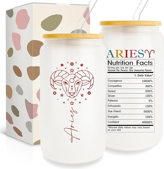 Aries Zodiac Glass Cup - 16 Oz, Astrology & Horoscope Gifts for Women & Men - Aries Mug for men