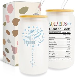 Aquarius Zodiac Cup - 16 Oz Glass with Astrology Signs, Birthday Gift for Women, Men, or Friends - Aquarius Mug for men