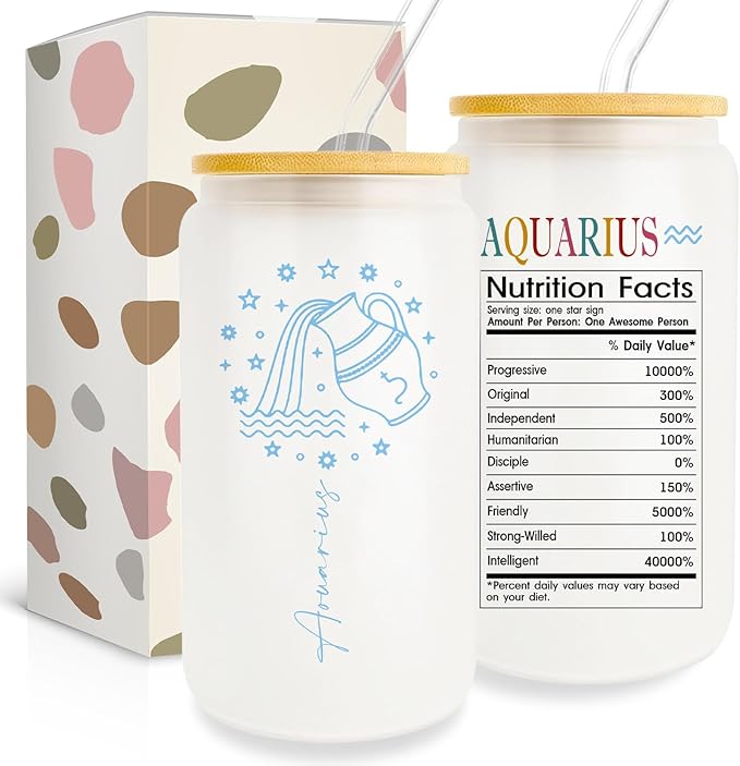 Aquarius Zodiac Cup - 16 Oz Glass with Astrology Signs, Birthday Gift for Women, Men, or Friends - Aquarius Mug for men