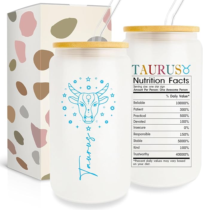 Taurus Zodiac Gifts: 16 Oz Can Glass Cup, Birthday & Horoscope Spiritual Gifts - Taurus for men