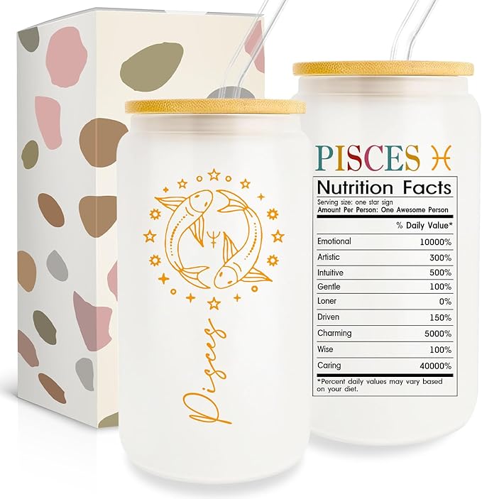 Zodiac Pisces Gifts For Women & Men - 16 Oz Can Glass Cup With Pisces Signs - Birthday & Horoscope Spiritual Gifts - Pisces for men