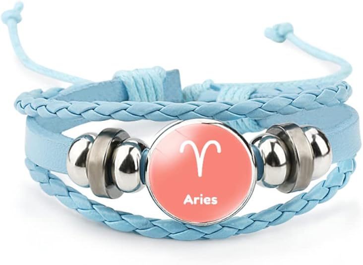 Fashion 12 Zodiac Sign Glow In The Dark Bracelet Adjustable Bangle For Women Men Glass Constellations Charm Blue Leather Rope Chains Fashion Jewelry - Aries Bracelet for men