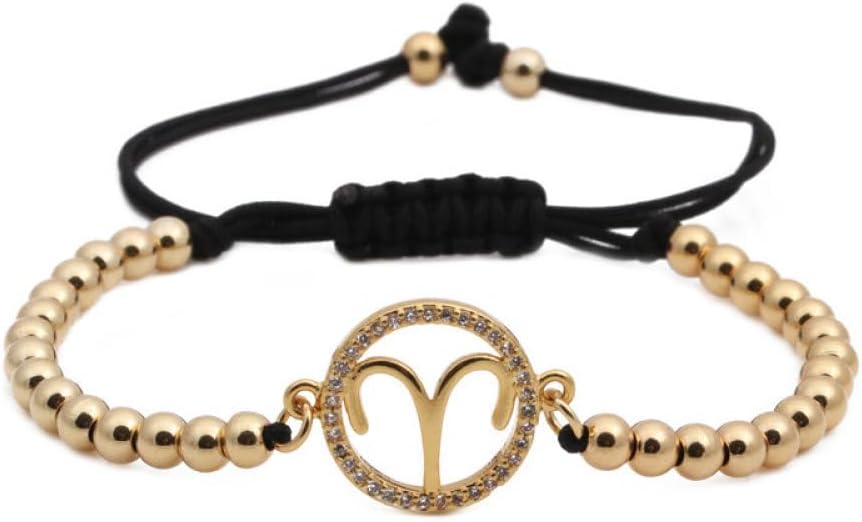 Fashion 12 Constellation Zodiac Sign Bracelet Retro Punk Stones Beads Adjustable Round Charm Bangle,Wristband Jewelry Gift For Men Couple - Aries Bracelet for men