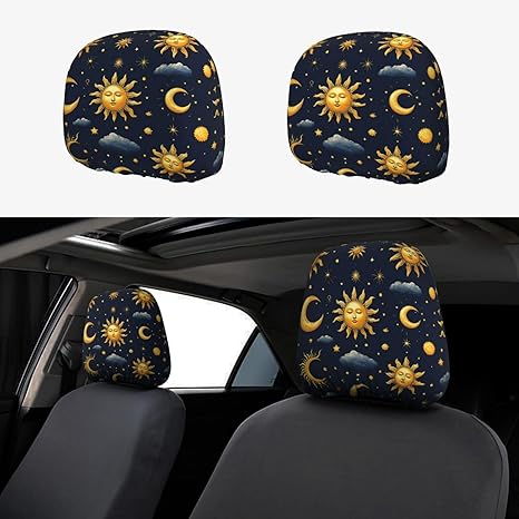 2 Pack Headrest Covers, Seat Cover Accessories Car Headrest Protector Universal Fit to All Car/Truck Models (Sun Moon Boho Astrology) - Aquarius Car Seat Cover for men