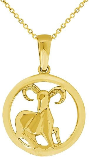 14k Yellow Gold Round Zodiac Sign Charm Horoscope Pendant Necklace (Small) - Aries Necklace for men