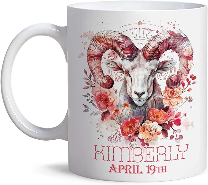 Custom Aries Zodiac Coffee Mug, Personalized Name And Date Horoscope Mug, Floral Astrology Aries Sign Ceramic Cup, Customized Zodiac Themed White Mug 11oz, Aries Birthday Mug Gift - Aries Mug for men