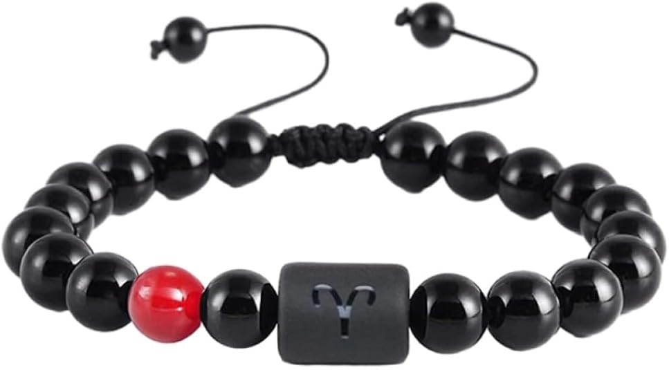 Fashion 12 Constellation Zodiac Sign Bracelet Punk Black Pearl Agate Stone Beads Charm Adjustable Bangle,Wristband Jewelry Gift For Men Couple Accessories - Aries Bracelet for men