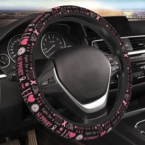 Breast Cancer Hope Support Car Steering Wheel Cover, Pink Ribbon Fight Cure Auto Steering Wheel Protector Universal 15 Inch Car Decor Neoprene Interior Accessories Protection for Women Ladies Girls - Cancer Car Accessories for men