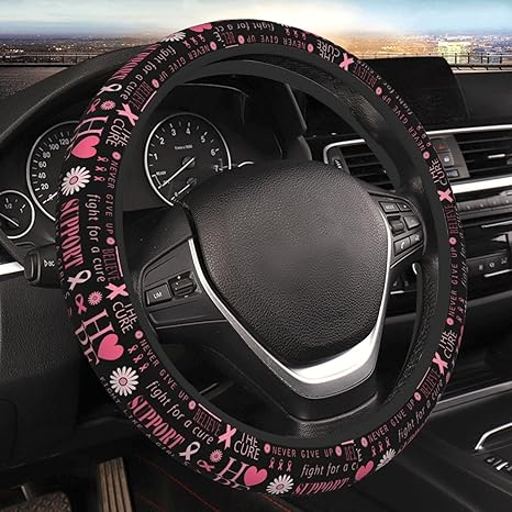 Breast Cancer Hope Support Car Steering Wheel Cover, Pink Ribbon Fight Cure Auto Steering Wheel Protector Universal 15 Inch Car Decor Neoprene Interior Accessories Protection for Women Ladies Girls - Cancer Car Accessories for men