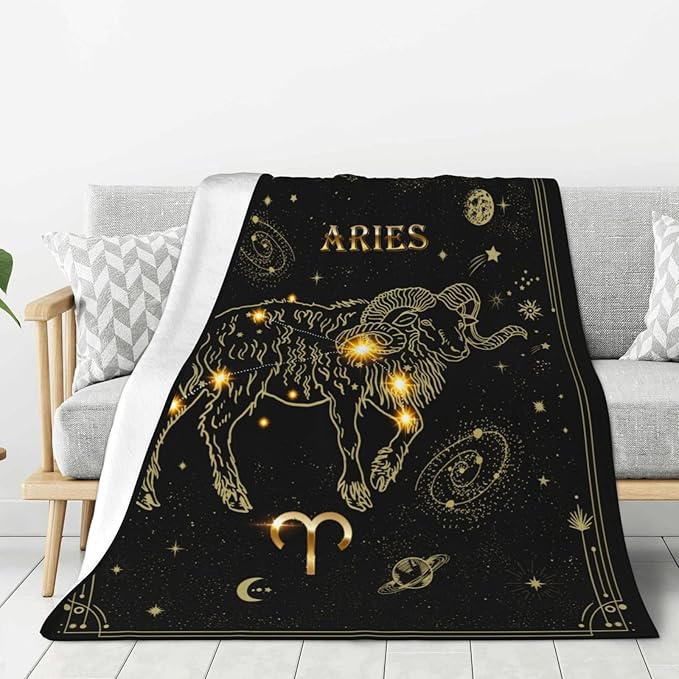 Aries Zodiac Blanket 60"X50", Witchy, Gothic Gifts - Soft Throw Blanket with Tarot, Moon, Constellation Pattern - Aries Blanket for men