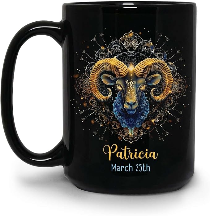 Elegant Aries Zodiac Coffee Mug, Personalized Astrology Black Cup, Customized Name & Date Aries Horoscope Cup, Custom Zodiac Themed Mug, Birthday Cup Gift, Ceramic Mug 15oz - Aries Mug for men