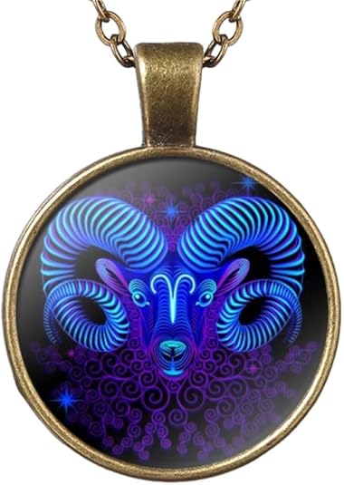 Charm Zodiac Sign Necklace For Women 12 Constellation Creative Letters Pattern Cabochon Glass Charm Pendant Retro Clavicle Chain,Jewelry Gift Accessories - Aries Necklace for men