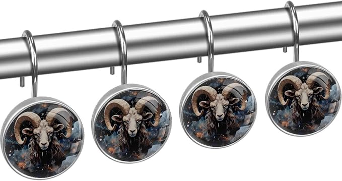 12pcs Decorative Shower Curtain Hooks,Glass Rust Resistant Shower Rings for Curtain and Liner,Rustproof Stainless Steel Rings for Bathroom Living Room Shower Rods(Sign of Aries) - Aries Ring for men