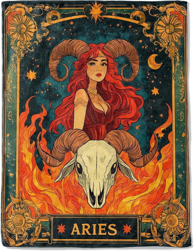 Aries Zodiac Fleece Blanket - Lightweight Soft Cozy Gifts Throw for Zodiac Lovers,Women,Men,Red-Haired Warrior Ram's Skull Tarot Blankets,Home Room Modern Artistic Bold Decor 50x60in - Aries Blanket for men
