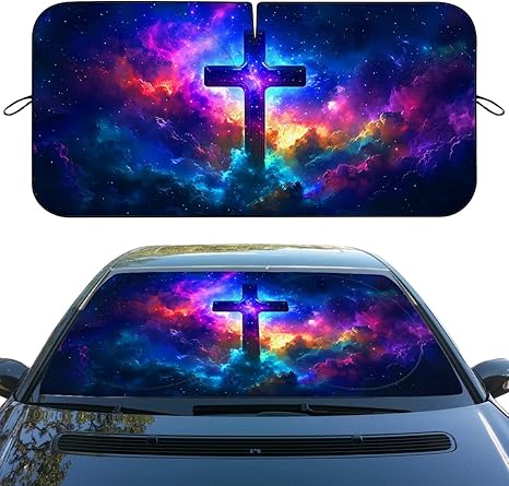 Jesus Cross Car Windshield Sunshade Folding Galaxy Nebula Cosmic Heatshield Front Window UV Rays Sun Shade Visor Protector for Sedan Truck SUV - Aries Car Ornament for men