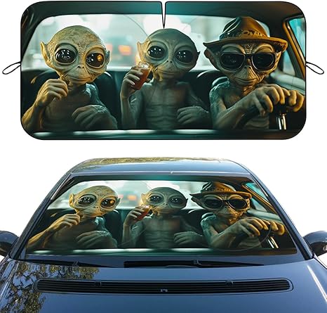 Funny Alien Car Windshield Sunshade - Folding Cute Martian Monster Heatshield Front Window Car Sun Shade Windshield Block UV Rays Sun Shade Visor Protector for Sedan Truck SUV Accessories - Aries Car Ornament for men