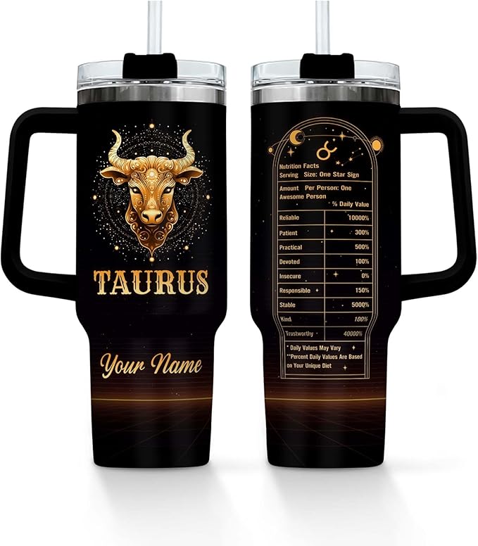 Personalized Zodiac Signs - Taurus -40 Oz Tumbler with Handle and Straw Lid, Custom Tumbler with Name Insulated Coffee Mug Stainless Steel Travel Mug, Birthday Gifts for Women Men - Taurus for men
