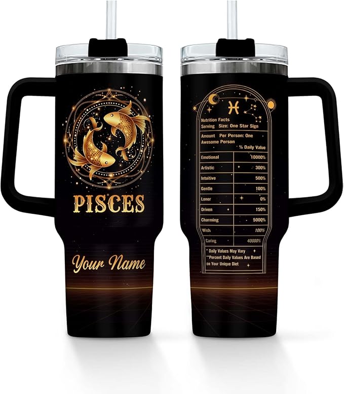 Personalized Zodiac Signs - Pisces - 40 Oz Tumbler with Handle and Straw Lid, Custom Tumbler with Name Insulated Coffee Mug Stainless Steel Travel Mug, Birthday Gifts for Women Men - Pisces for men