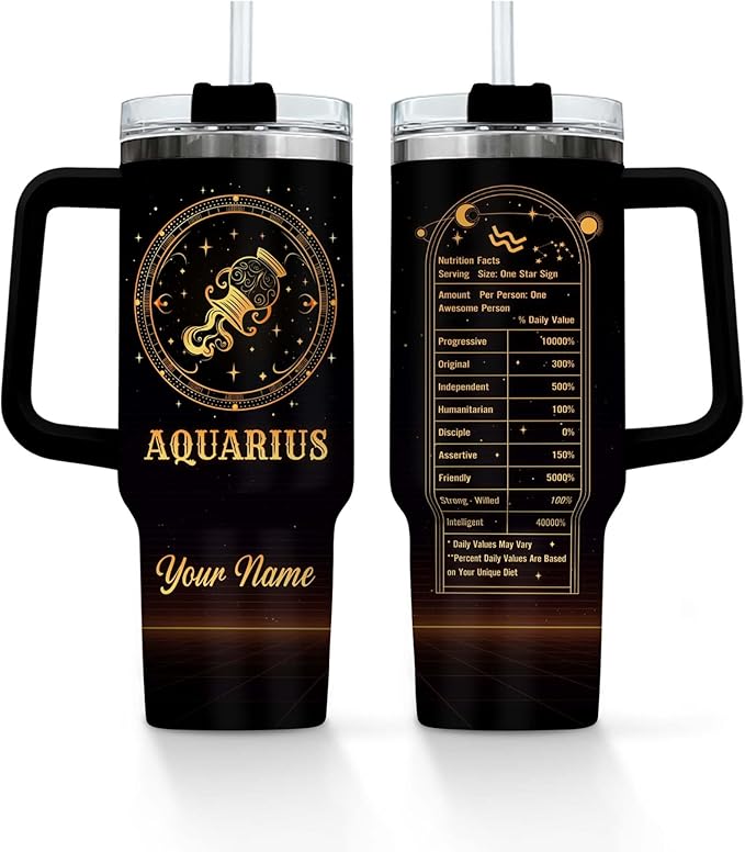 Personalized Zodiac Signs - Aquarius - 40 Oz Tumbler with Handle and Straw Lid, Custom Tumbler with Name Insulated Coffee Mug Stainless Steel Travel Mug, Birthday Gifts for Women Men - Aquarius Mug for men