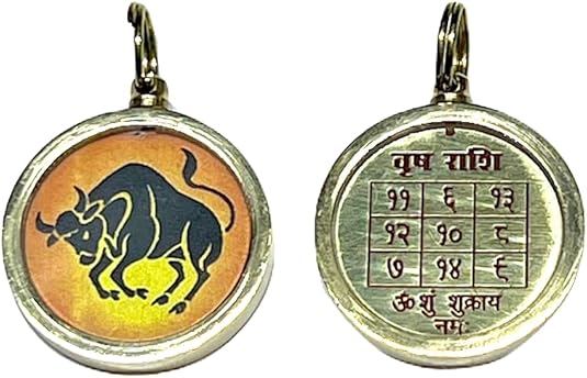 Zodiac Constellation Pendant Necklace - Sun Sign Amulet - Rashi Yantra Pendant - 1 Inch Brass Pendant with Zodiac Yantra - Taurus Products for men