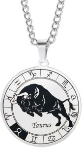 PAMTIER Women Men Stainless Steel Zodiac Constellation Pendant Necklace Round Disc Horoscope Sign Lucky Charm with Chain Birthday Gift - Taurus Products for men