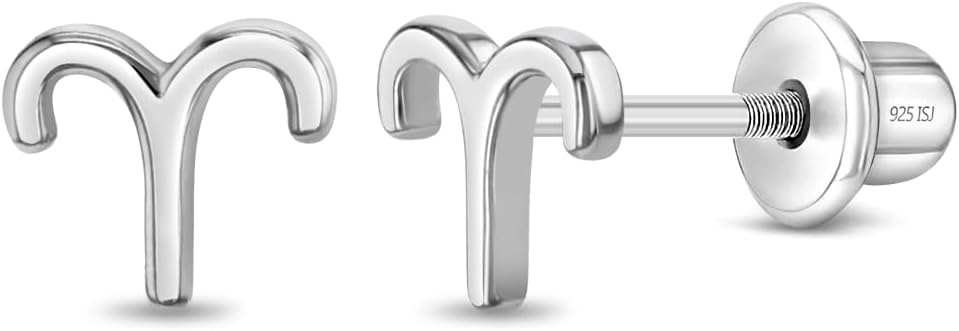 925 Sterling Silver Polished Zodiac Sign Safety Screw Back Earrings For Toddlers Little Girls and Preteens - Fun Horoscope Shaped Earrings For Young Girls - Children's Zodiac Jewelry - Aries Ring for men
