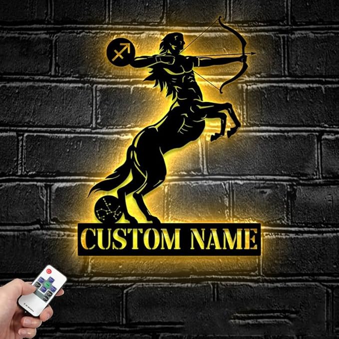 Custom Sagittarius Zodiac Symbol Constellation Star Metal Wall Art LED Light - Personalized Horoscope Name Sign Home Decor - Ideal for Home (Design 10) - Sagittarius Home Decor for men