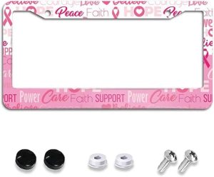 Breast Cancer Awareness License Plate Frame, Pink Ribbon Gradient License Plate Holder for Front and Rear Aluminum Cars Tags Accessories Decorative Car Decoration with 2 Holes Screws 6X12'' for Women - Cancer Car Accessories for men