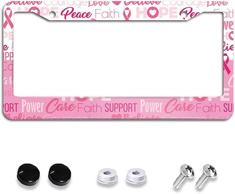 Breast Cancer Awareness License Plate Frame, Pink Ribbon Gradient License Plate Holder for Front and Rear Aluminum Cars Tags Accessories Decorative Car Decoration with 2 Holes Screws 6X12'' for Women - Cancer Car Accessories for men