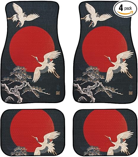 Japanese Crane Art Print Car Floor Mats Custom Traditional Style Bird Flying to The Moon Floor Mats for Cars Universal Front Rear Car Rugs Decorative Auto Car Accessories for Car Truck - Aries Car Floor Mat for men