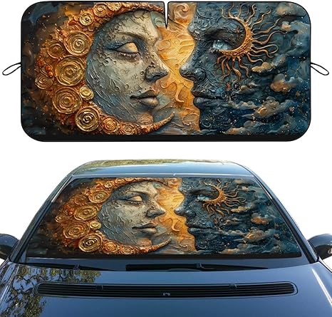 Moon and Sun Car Windshield Sunshade Folding Sun Moon and Stars Heatshield Front Window Car Sun Shade Windshield Rays Sun Shade Visor Protector for Car Sedan Truck SUV Accessories 59" L x 31.5" W - Aries Car Ornament for men